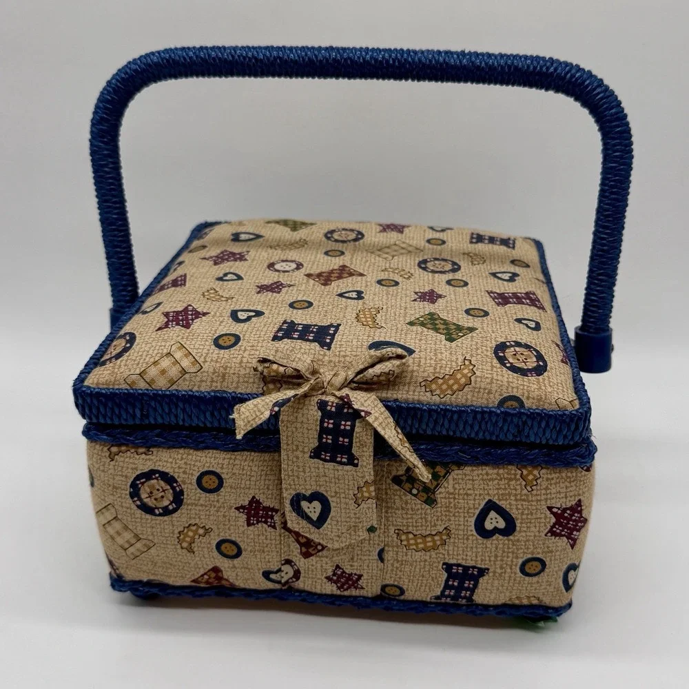 Vintage Fabric Sewing Basket Organizer Blue Handle Button Quilt Pattern